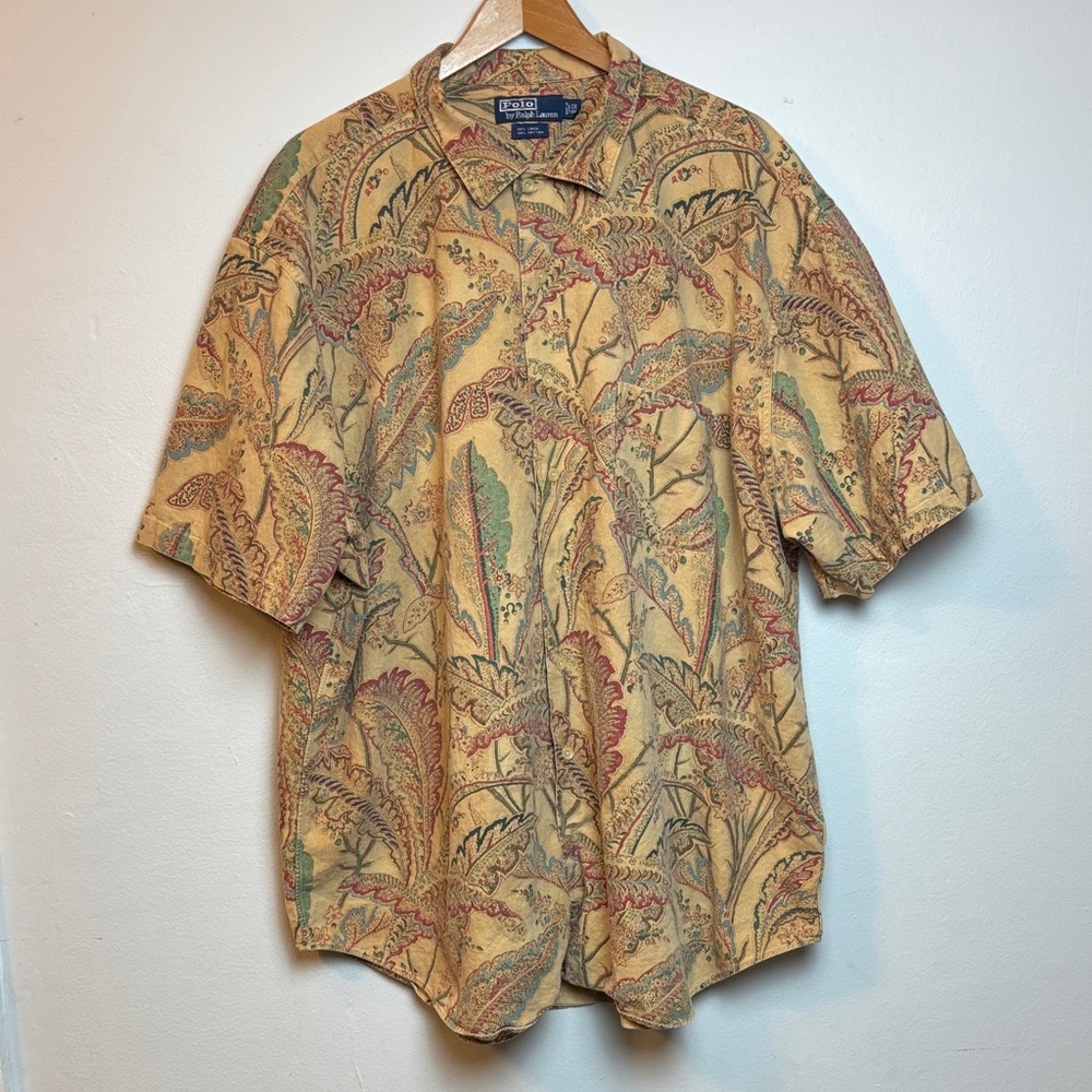 VTG Polo Ralph Lauren Shirt Men’s 2XL Floral Paisley Linen Short Sleeve Brown